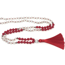 Load image into Gallery viewer, Red Jade & White Cat's Eye Mala Necklace