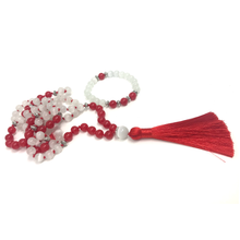 Load image into Gallery viewer, Red Jade & White Cat's Eye Mala Necklace