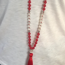 Load image into Gallery viewer, Red Jade & White Cat's Eye Mala Necklace