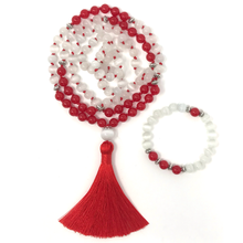 Load image into Gallery viewer, Red Jade & White Cat's Eye Mala Necklace