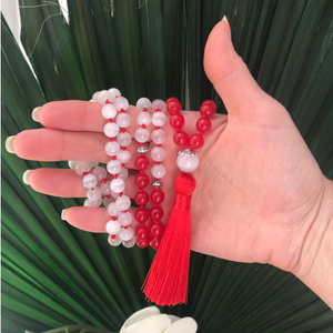 Red Jade & White Cat's Eye Mala Necklace