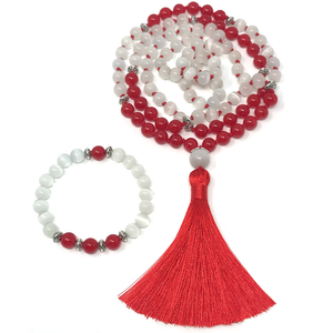 Red Jade & White Cat's Eye Mala Necklace