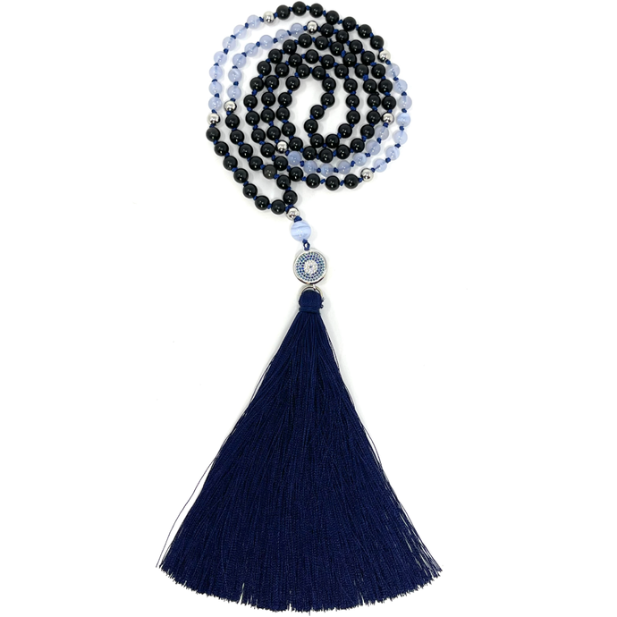 Obsidian & blue Lace Agate Mala Necklace