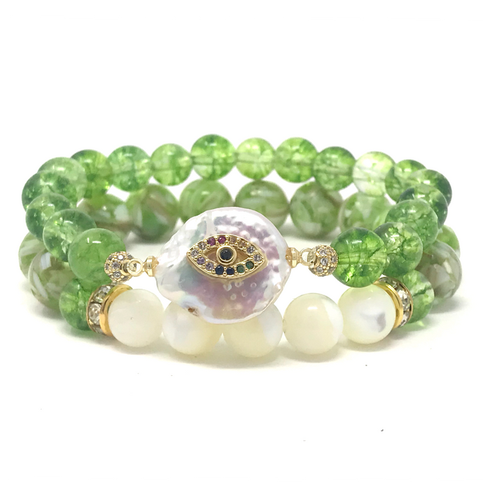 Set Green Peridot & Shell beads