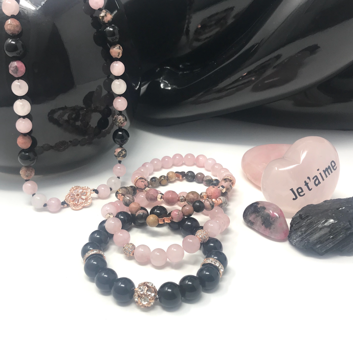 Conjunto de joyas de cuarzo rosa, rodonita y jaspe 